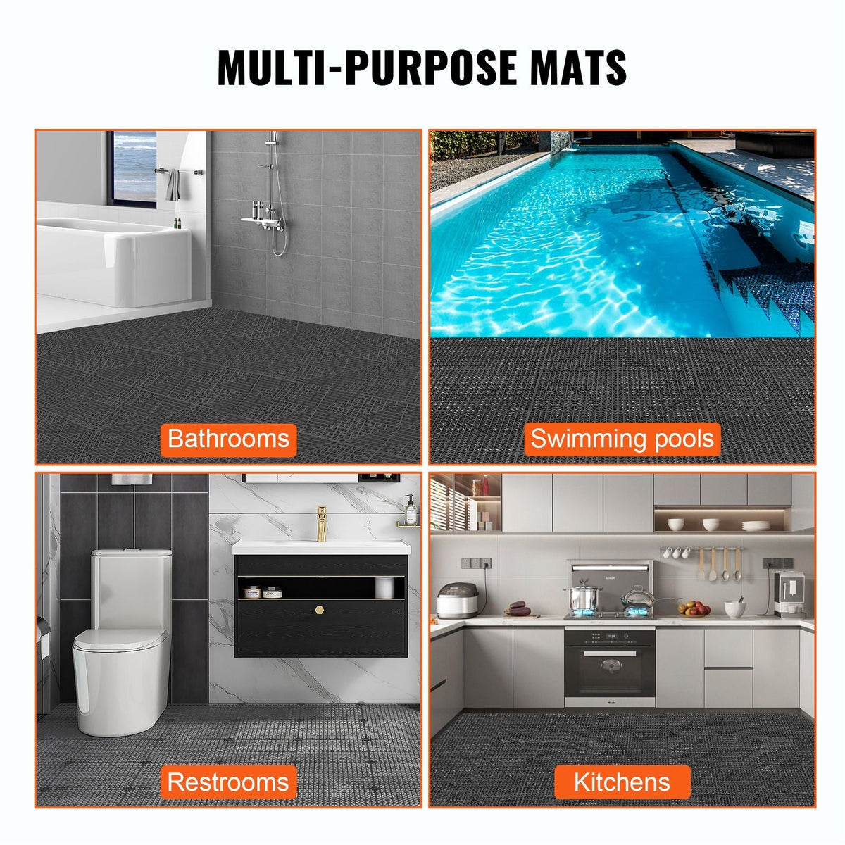 Interlocking Tile 50PCS Black, Drainage Tiles 12" x 12" Splicing, Soft PVC Interlocking Drainage Floor Tiles, Non-Slip Drainage Holes for Restroom, Bathroom, Kitchen, Pool, Wet Areas