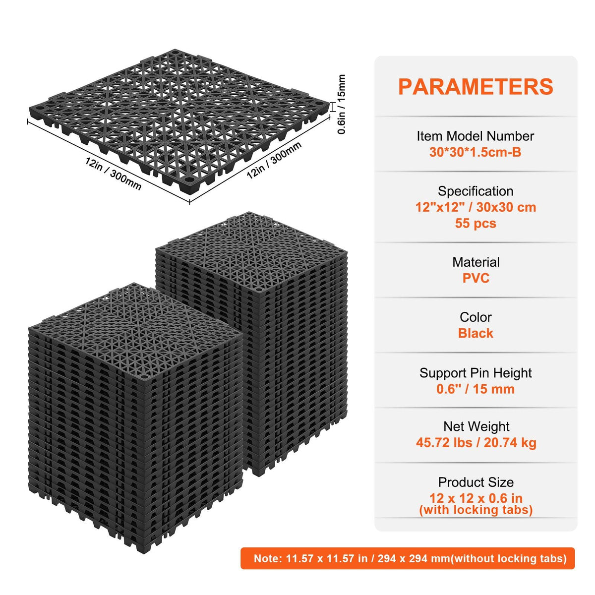 Interlocking Tile 55PCS Black, Drainage Tiles 12" x 12" Splicing, Soft PVC Interlocking Drainage Floor Tiles, Non-Slip Drainage Holes for Restroom, Bathroom, Kitchen, Pool, Wet Areas