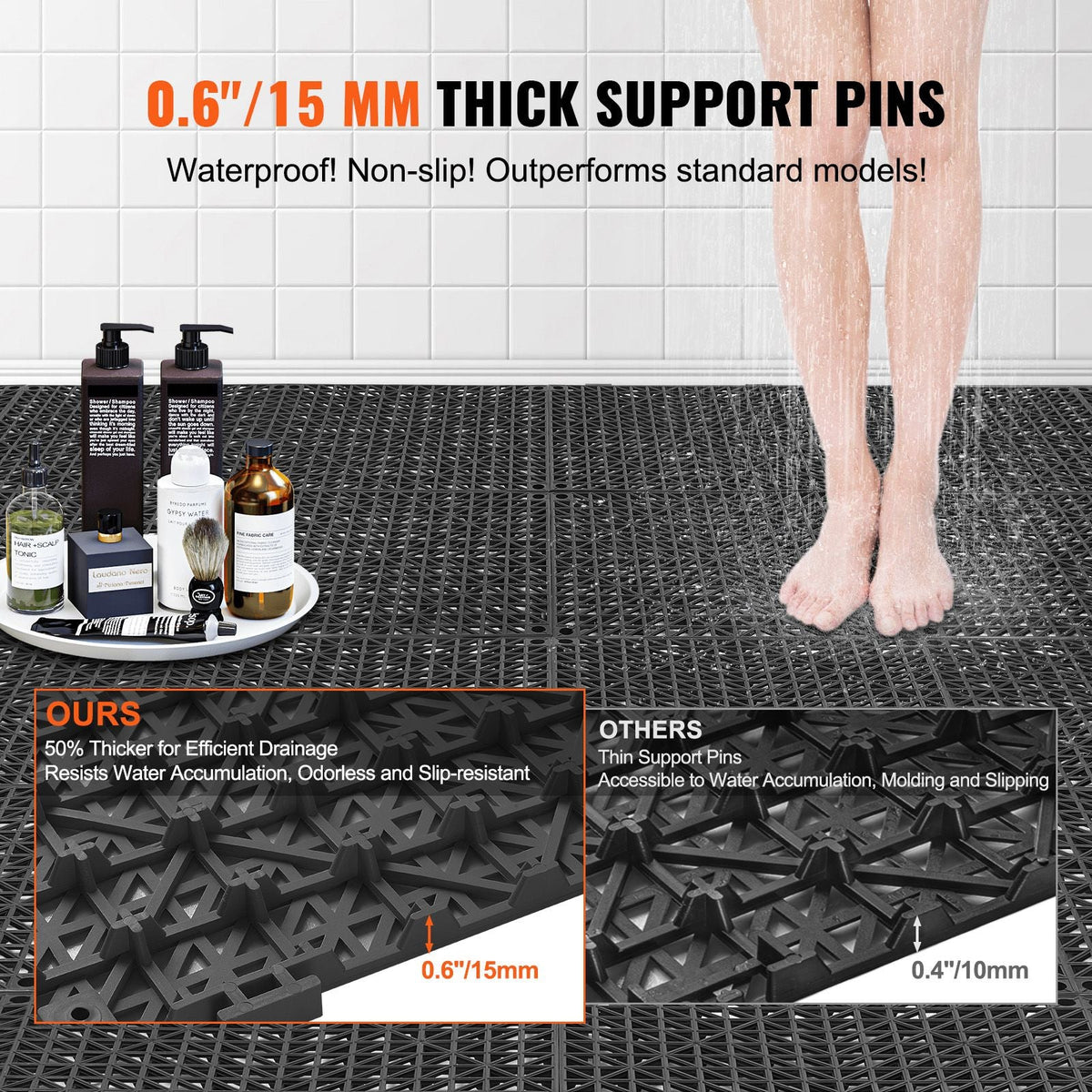 Interlocking Tile 55PCS Black, Drainage Tiles 12" x 12" Splicing, Soft PVC Interlocking Drainage Floor Tiles, Non-Slip Drainage Holes for Restroom, Bathroom, Kitchen, Pool, Wet Areas
