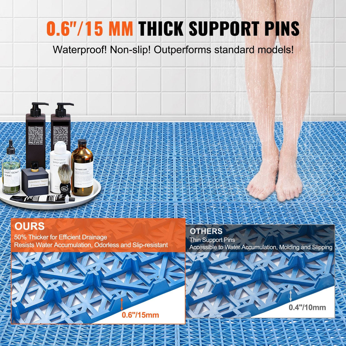 Interlocking Tile 55PCS Blue, Drainage Tiles 12" x 12" Splicing, Soft PVC Interlocking Drainage Floor Tiles, Non-Slip Drainage Holes for Restroom, Bathroom, Kitchen, Pool, Wet Areas, Blue