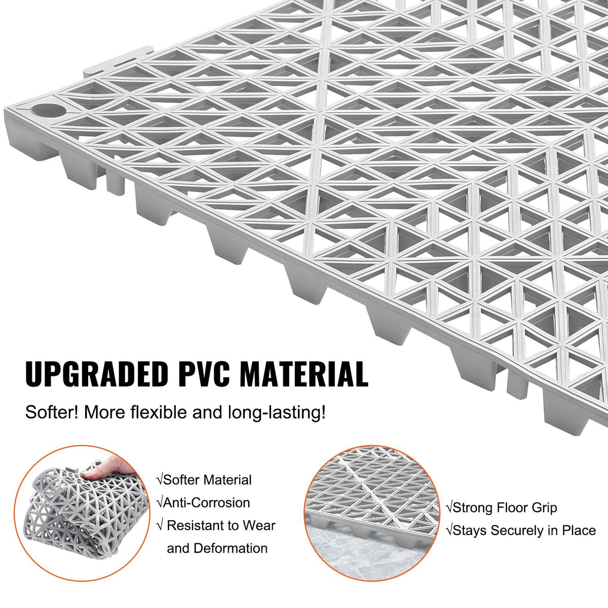 Interlocking Tile 55PCS Grey, Drainage Tiles 12" x 12"x 0.6 Splicing, Soft PVC Interlocking Floor Tiles, Non-Slip Drainage Holes for Restroom, Bathroom, Kitchen, Pool, Wet Area