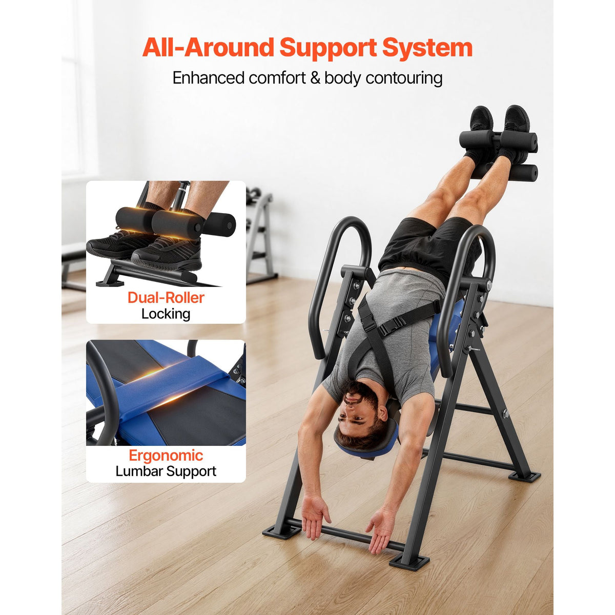 Inversion Table, 300 lbs Capacity Heavy Duty Back Inverter Stretcher, Inverted Table with Dual-Roller Locking, Decompression Tables for Shoulders, Neck, Back, Multi-Angle Adjustable Tether Strap