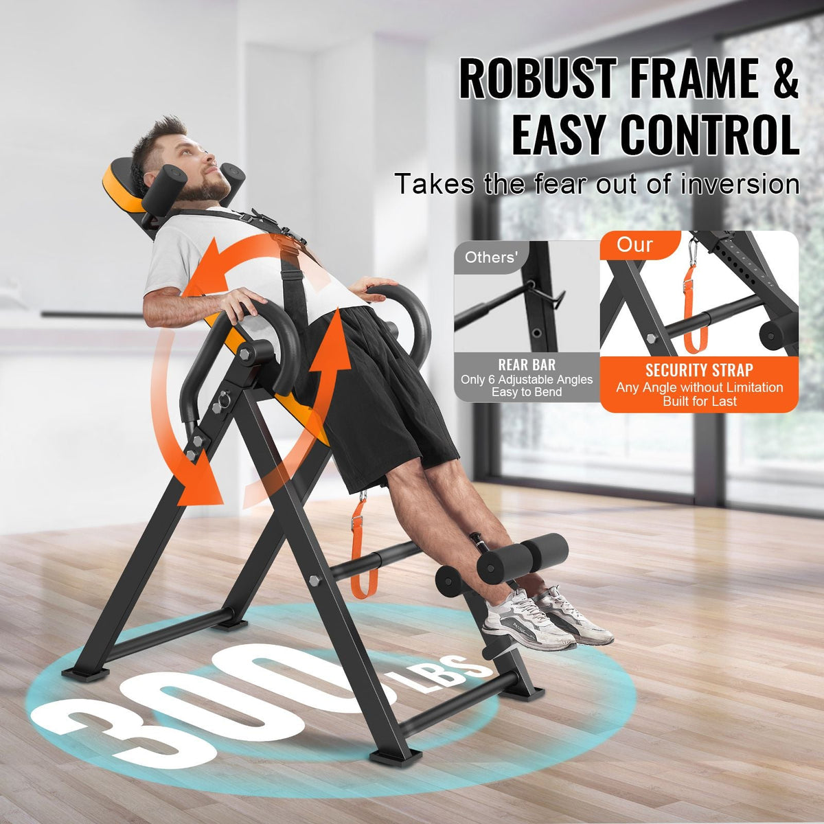 Inversion Table, 300lbs Capacity Heavy Duty Inversion Table, Decompression Back Stretcher Machine, Strength Training Equipment with Headrest, Ankle Lock, Adjustable Protective Belt, Orange/Black