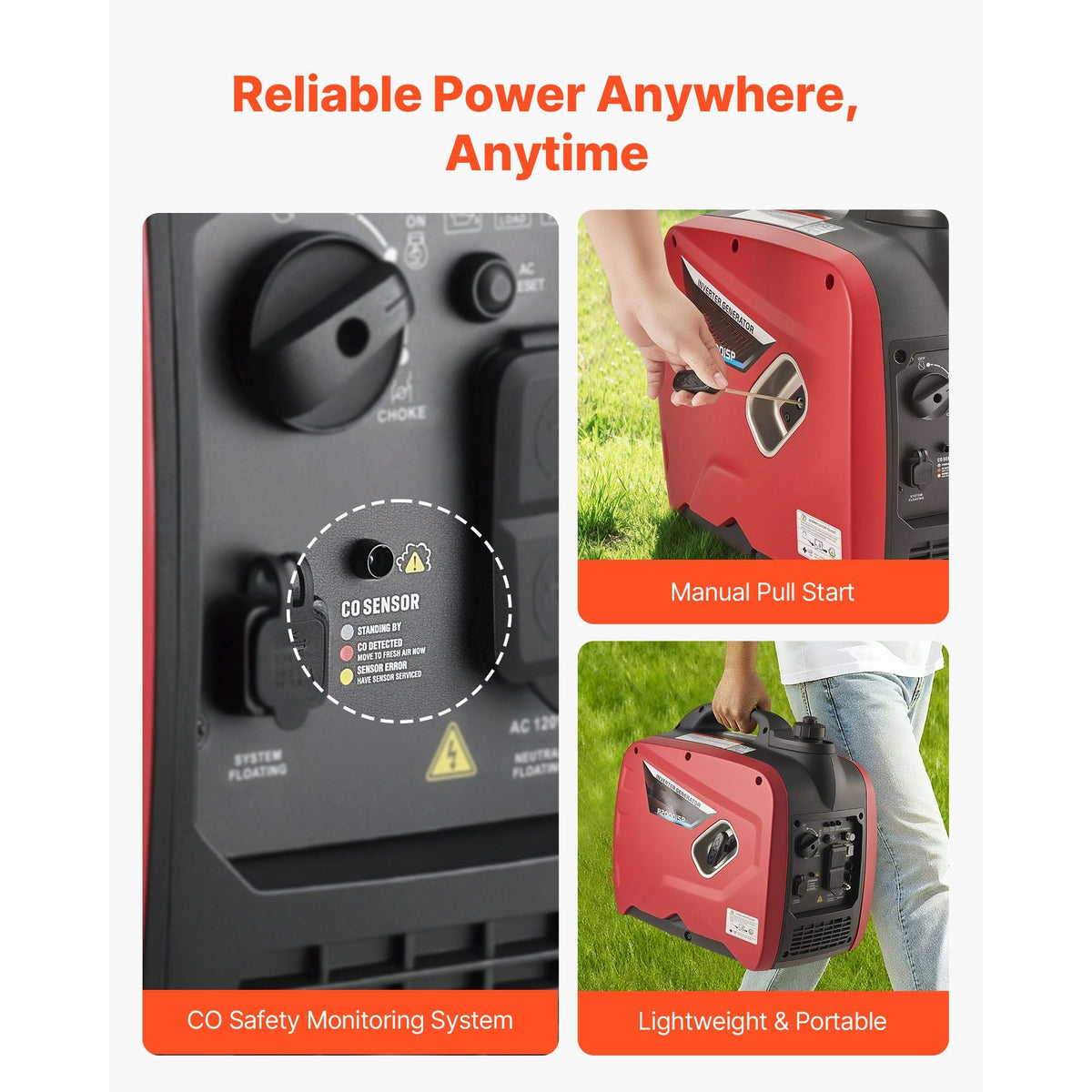Inverter Generator, 2900W Peak Watt Quiet Inverter Generator, Portable Inverters Generators for Home Use, Gas Powered, Compact and Lightweight Design - Stable Power, CO Sensor, Orange/Black