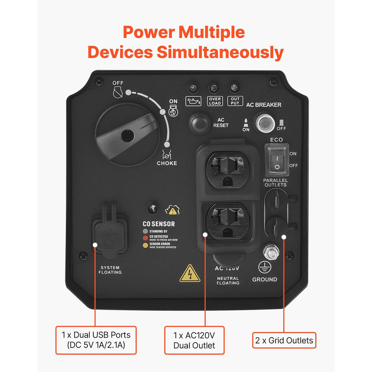 Inverter Generator, 2900W Peak Watt Quiet Inverter Generator, Portable Inverters Generators for Home Use, Gas Powered, Compact and Lightweight Design - Stable Power, CO Sensor, Orange/Black
