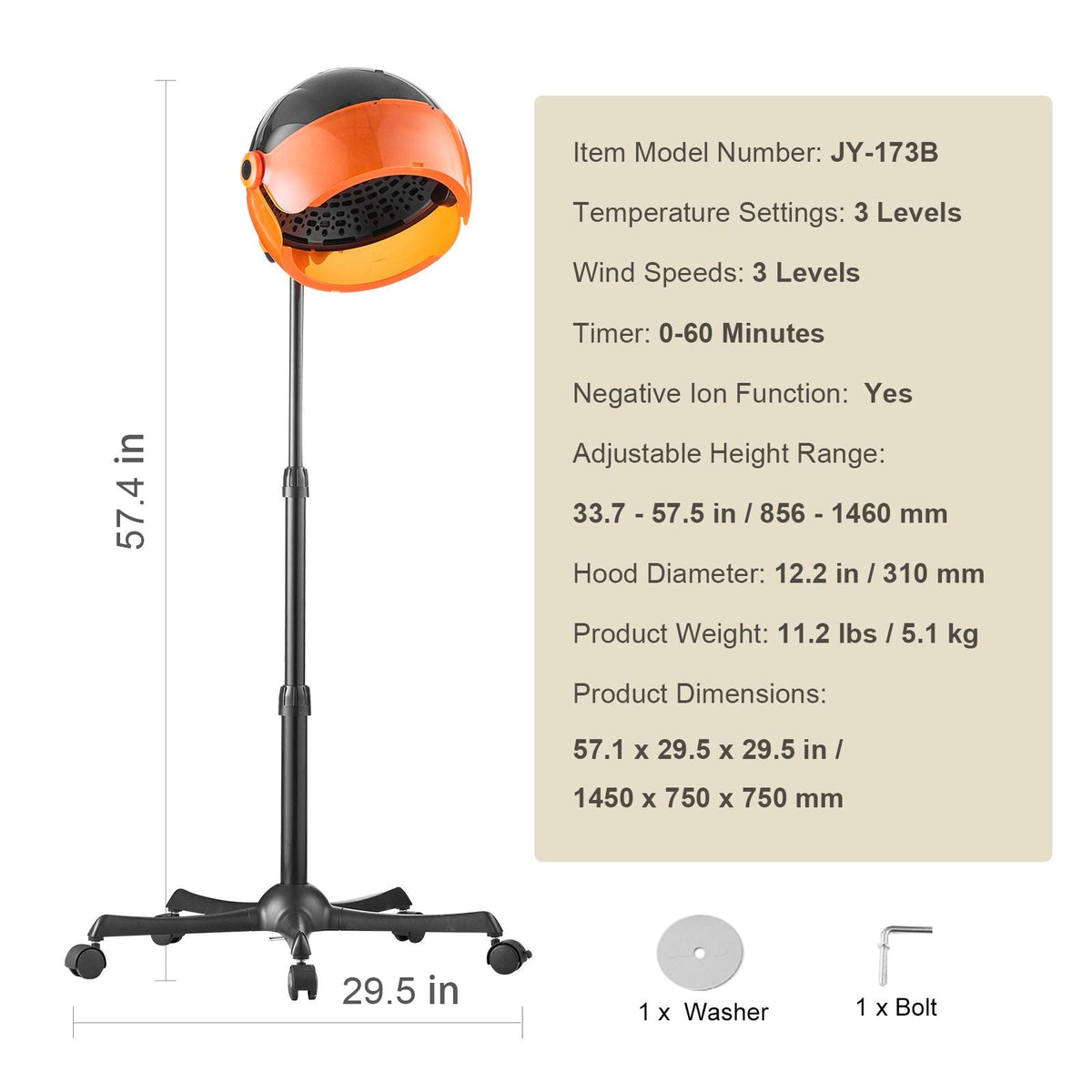 Ionic Hood Dryer, 1875W Pro Bonnet Hair Dryer, Timer, 3 Temperature Levels & Adjustable Speed, Mobile Floor Stand with Wheels for Salon & Home Spa
