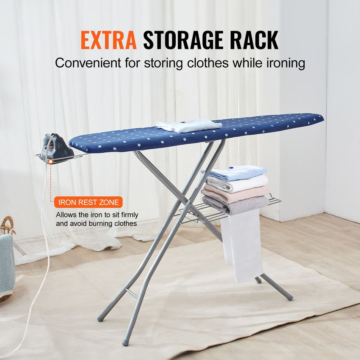 Ironing Board with Bottom Storage Tray, Thickened 4 Layers Iron Board with Heat Resistant Cover and 100% Cotton Cover, 10 Adjustable Heights Ironing Board for Home Laundry Room Use (Size 55x15)