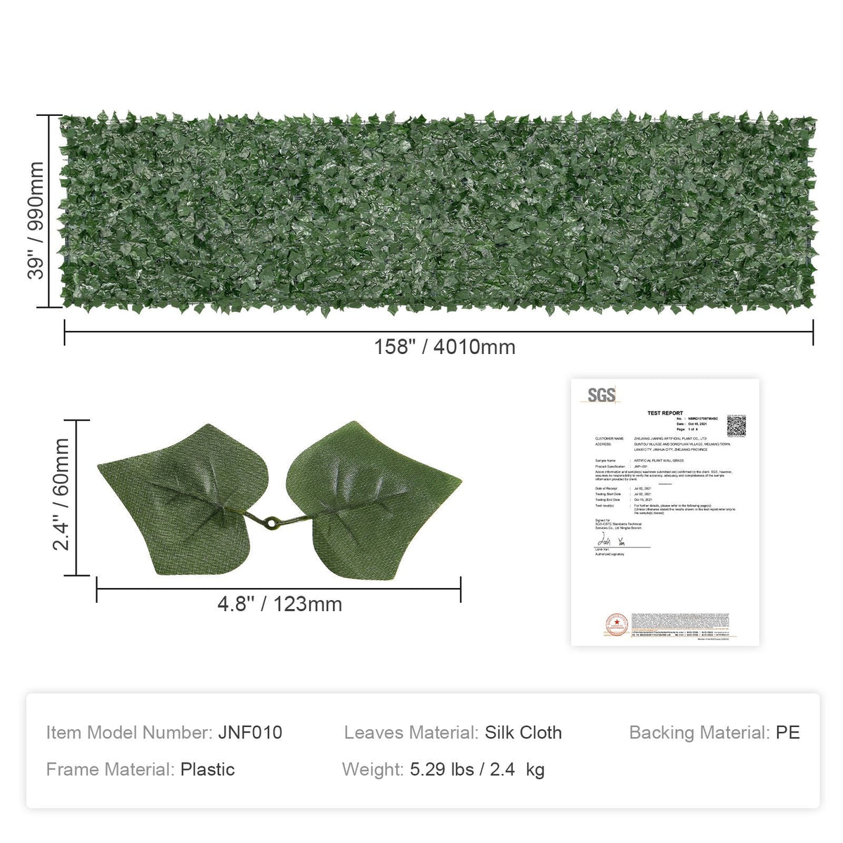Ivy Privacy Fence, 39 x 158in Artificial Green Wall Screen, Greenery Ivy Fence with Mesh Cloth Backing and Strengthened Joint, Faux Hedges Vine Leaf Decoration for Outdoor Garden, Yard, Balcony