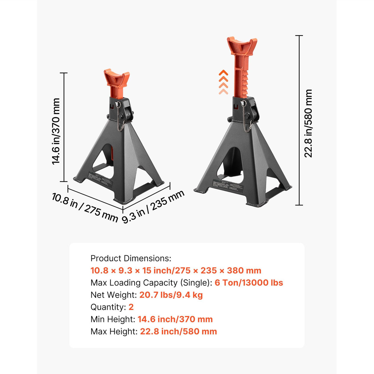 Jack Stands, 6 Ton (13,000 lbs) Capacity, 14.6-22.8 in Adjustable Height, Heavy Duty Steel Jack Auto Stands with Double Locking, for Lifting RV, Small Truck, Car, SUV, 1 Pair, Black and Orange