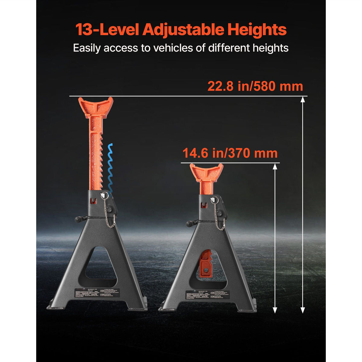 Jack Stands, 6 Ton (13,000 lbs) Capacity, 14.6-22.8 in Adjustable Height, Heavy Duty Steel Jack Auto Stands with Double Locking, for Lifting RV, Small Truck, Car, SUV, 1 Pair, Black and Orange