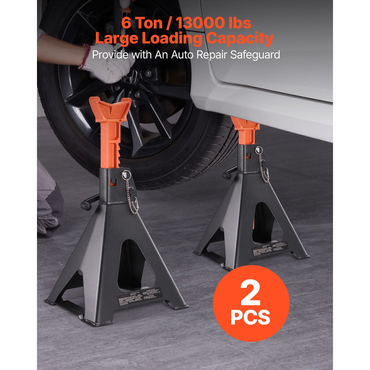 Jack Stands, 6 Ton (13,000 lbs) Capacity, 14.6-22.8 in Adjustable Height, Heavy Duty Steel Jack Auto Stands with Double Locking, for Lifting RV, Small Truck, Car, SUV, 1 Pair, Black and Orange