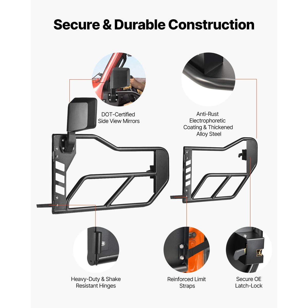 Jeep Tube Doors, 4-Door, Compatible with 2007-2018 Jeep Wrangler JK JKU Unlimited, Steel Off Road Front & Rear Tubular Half Doors with DOT Certified Side View Mirrors, Storage Bag & Rubber Pads