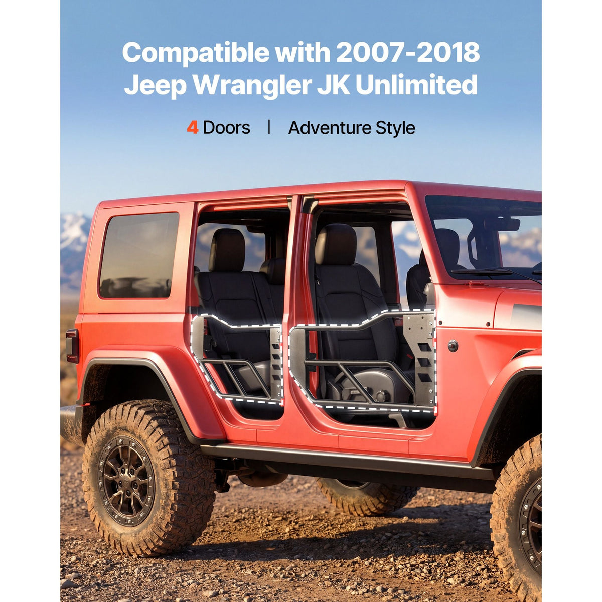 Jeep Tube Doors, 4-Door, Compatible with 2007-2018 Jeep Wrangler JK Unlimited, Alloy Steel Off Road Front & Rear Tubular Half Doors with Storage Bag, Rubber Pads, Heavy-Duty Hinges and OE Latch