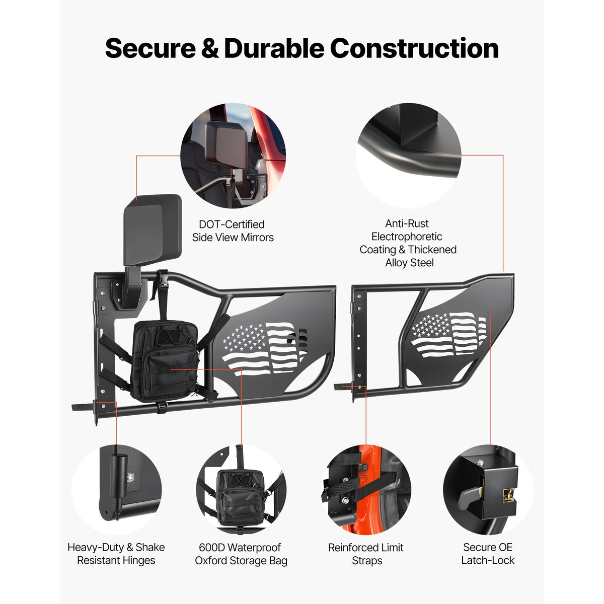 Jeep Tube Doors, 4-Door, Compatible with 2007-2018 Jeep Wrangler JK Unlimited, Steel Off Road Front & Rear Tubular Half Doors with DOT Certified Side View Mirrors, Storage Bag and Rubber Pads