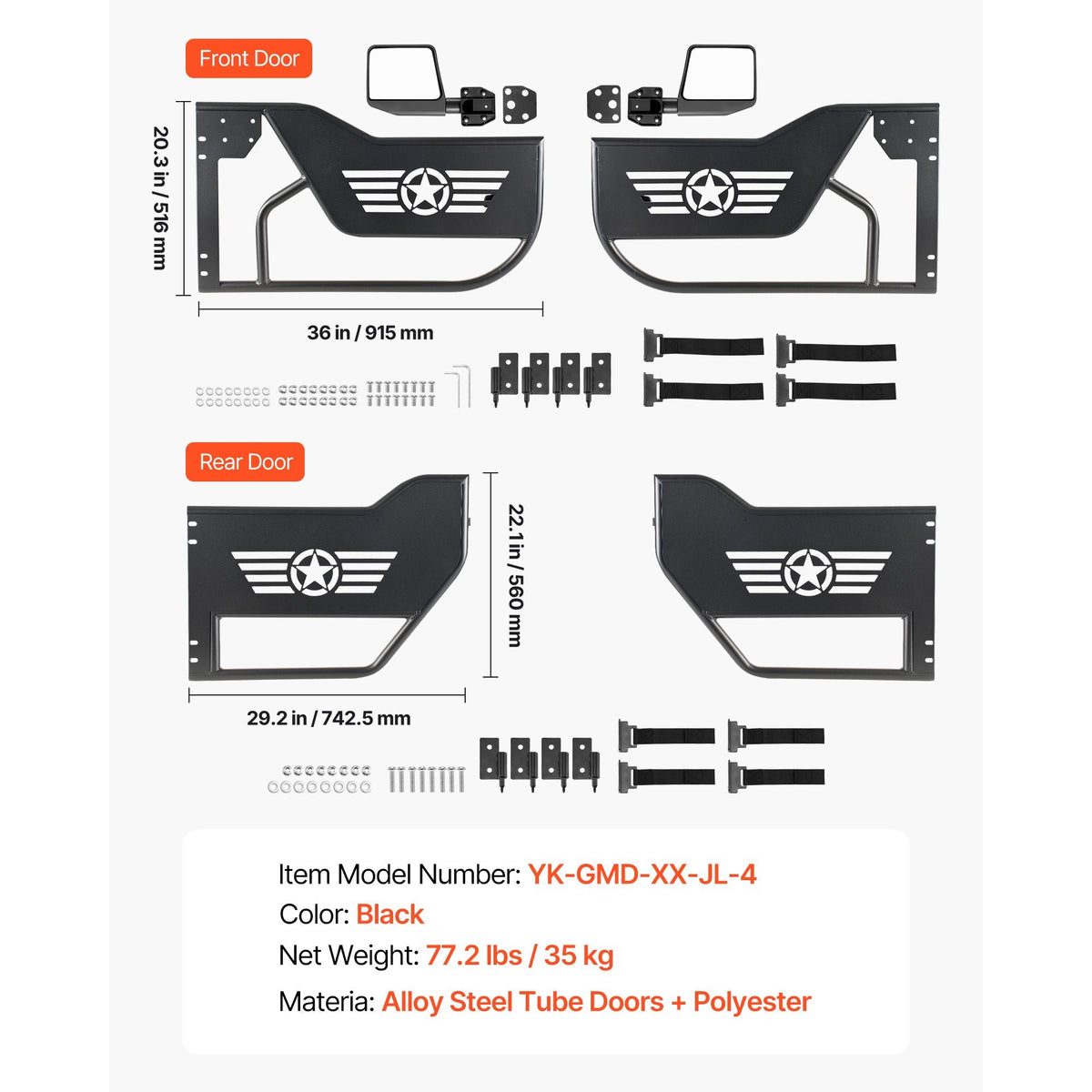 Jeep Tube Doors, 4-Door, Compatible with 2018-2026 Jeep Wrangler JL JLU & Gladiator JT 4XE, Steel Off Road Front & Rear Tubular Half Doors with DOT Certified Side View Mirrors