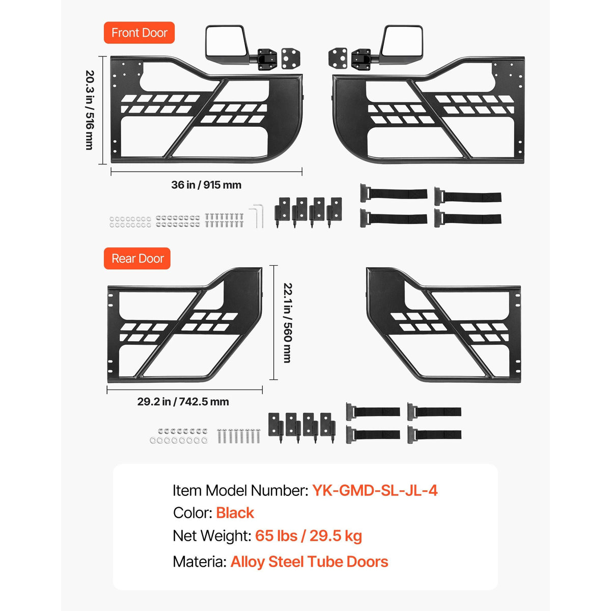 Jeep Tube Doors, 4-Door, Compatible with 2018-2026 Wrangler JL JLU & 2020-2026 Gladiator JT, Steel Off Road Front & Rear Tubular Half Doors with DOT Certified Side View Mirrors and Rubber Pads