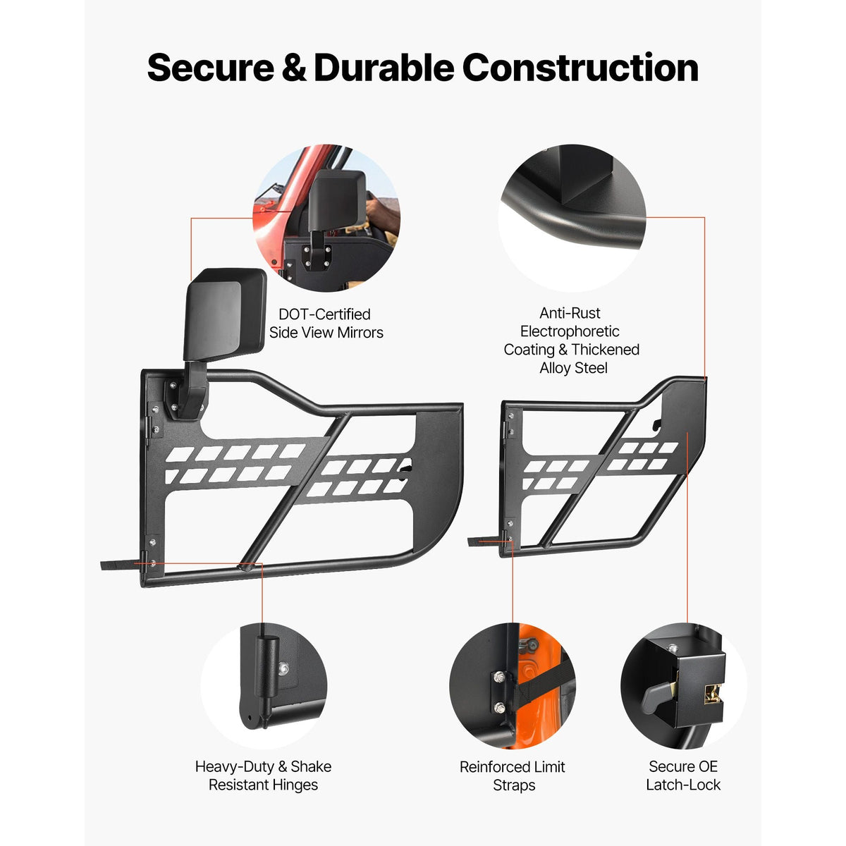 Jeep Tube Doors, 4-Door, Compatible with 2018-2026 Wrangler JL JLU & 2020-2026 Gladiator JT, Steel Off Road Front & Rear Tubular Half Doors with DOT Certified Side View Mirrors and Rubber Pads