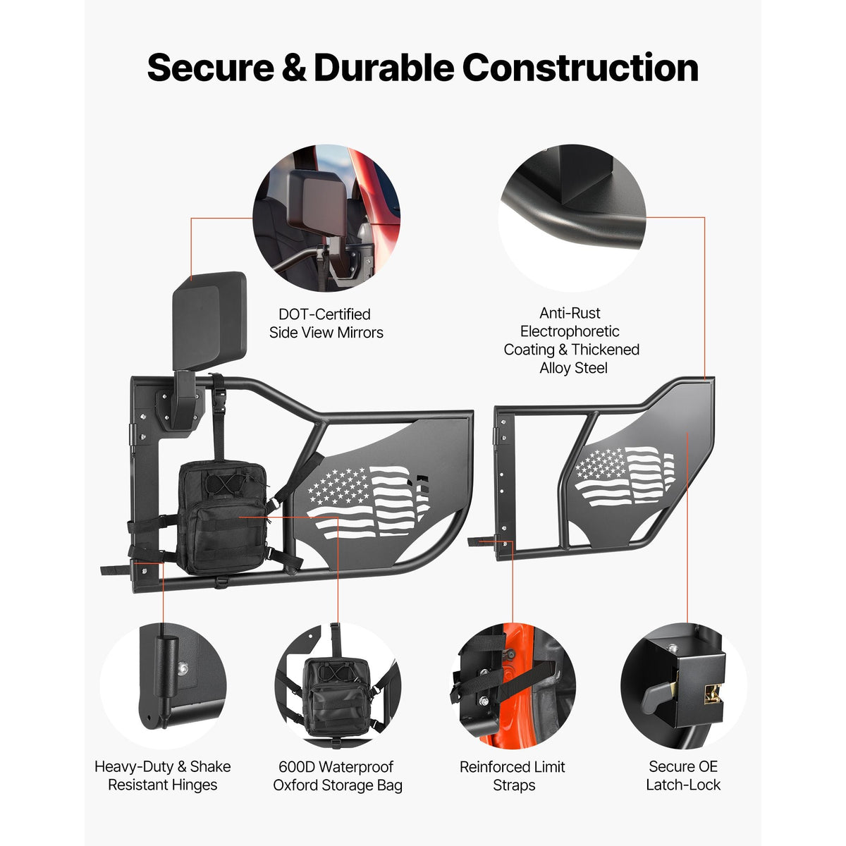 Jeep Tube Doors, 4-Door, Fit for 2018-2026 Jeep Wrangler JL & 2020-2026 Gladiator JT, Flag Pattern Off Road Front & Rear Tubular Half Doors with DOT Certified Side View Mirrors and Storage Bag