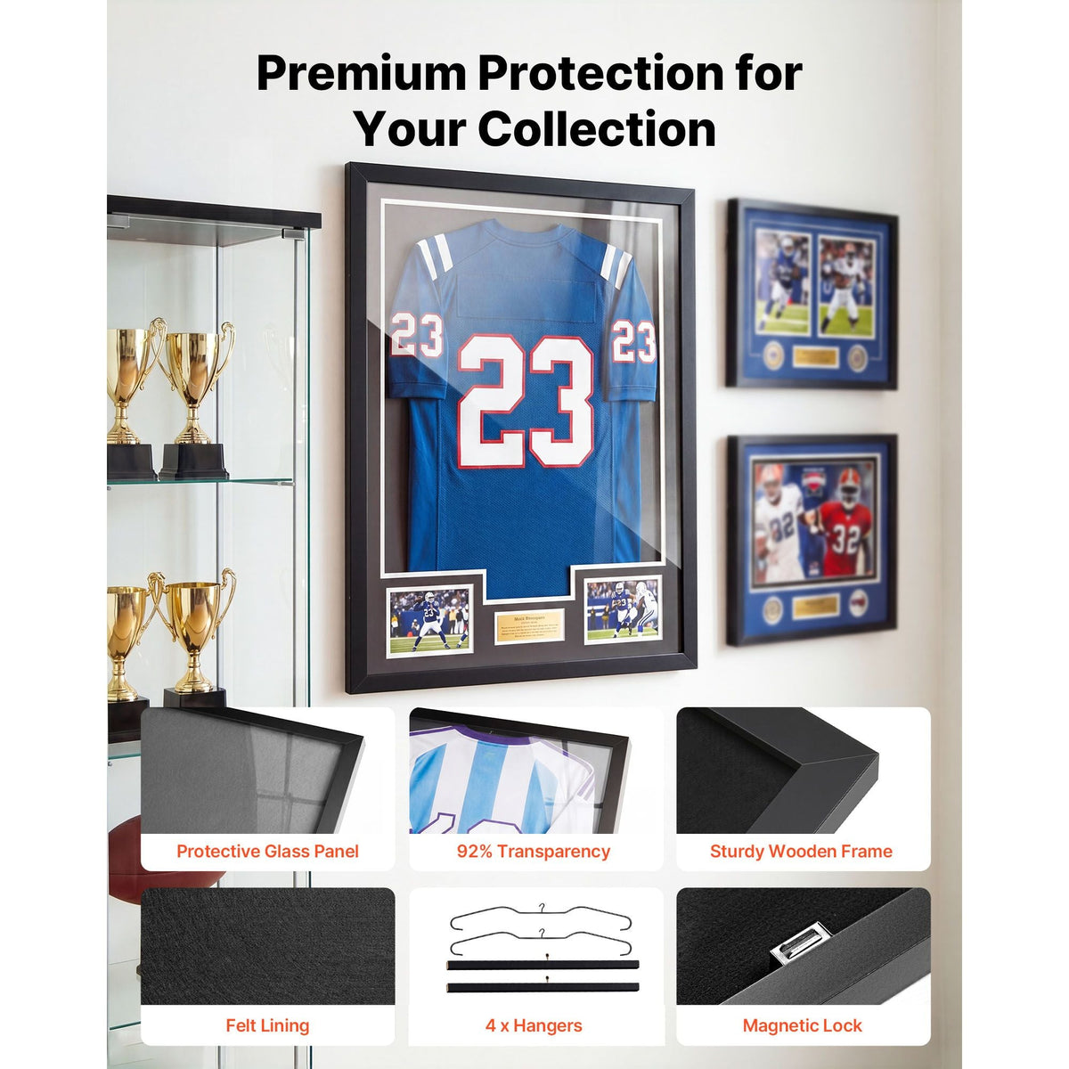 Jersey Frame Display Case, 31.3 x 23.2 in, Wooden Sport Jersey Shadow Box with 98% UV Protection PC Panel and Hanger, Magnetic Lock, for Baseball Basketball Football Hockey Shirt Uniform, 2 Pack