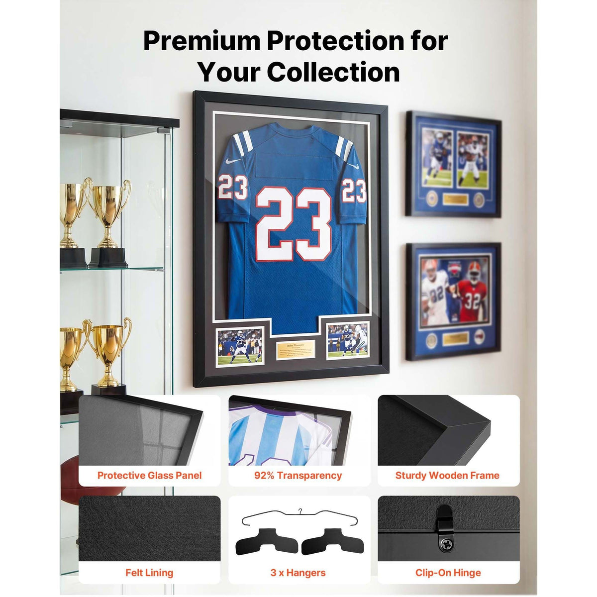 Jersey Frame Display Case, 31.5 x 23.6 x 1 in, Wooden Sport Jersey Shadow Box with 98% UV Protection PC Panel and Hanger, for Baseball Basketball Football Hockey Shirt Sport and Uniform, Black