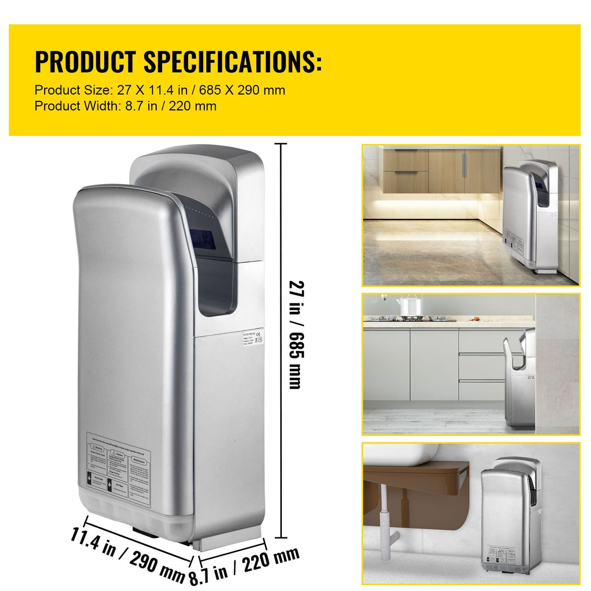 Jet Hand Dryer, Premium Electric Commercial Blade Hand Dryer, ABS Air Dryer Hand with HEPA Filtration Wall Mount Hand Dryer, 1600W 110V Vertical Hand Dryer, High-Speed Automatic Infrared Silver
