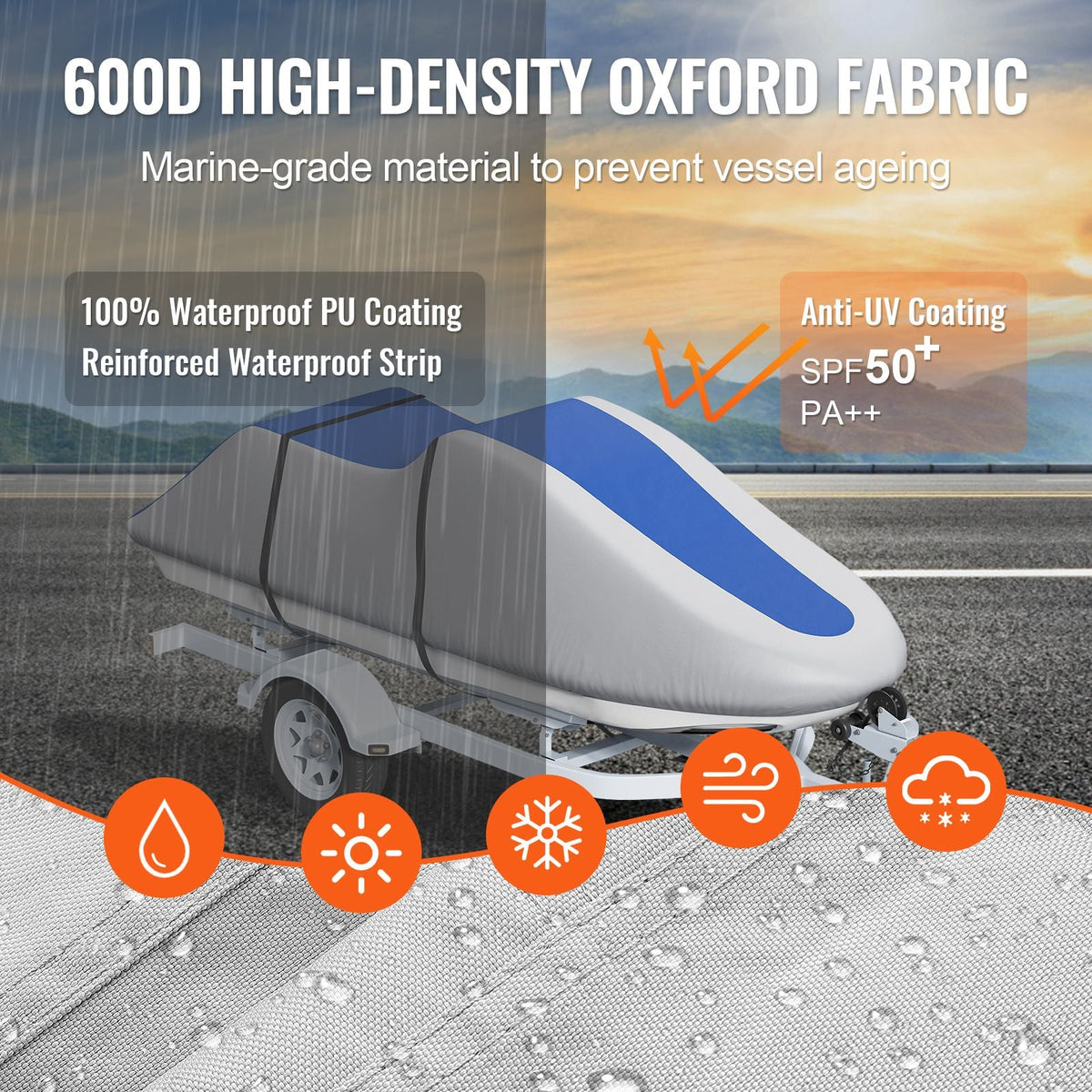Jet Ski Cover, 126"-135" Trailerable Waterproof PWC Cover, Heavy-duty 600D Marine Grade PU Oxford Fabric, UV Resistant Seadoo Cover with Buckle Straps, Personal Watercraft Covers, Grey+Blue