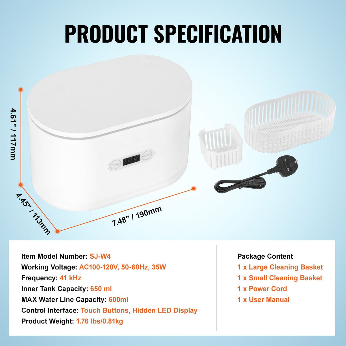 Jewelry Cleaner Ultrasonic Machine, Ultrasonic Cleaner Machine Portable 22oz (650ml) with 5 Digital Timer, Sonic Jewelry Cleaner with 2 Cleaning Baskets for Eyeglasses, Watches, Dentures, Rings