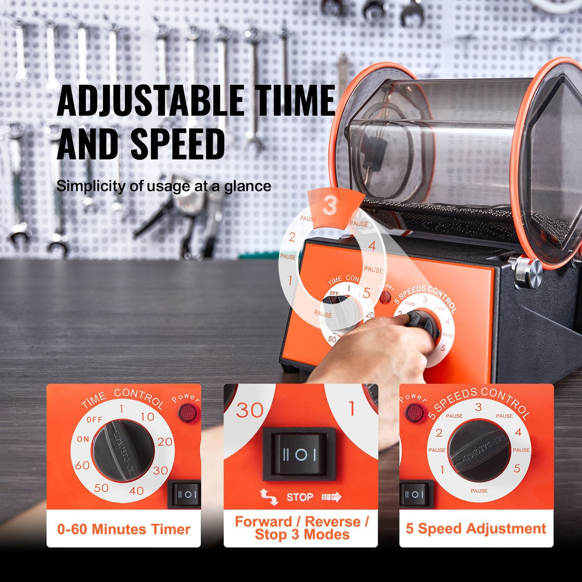 Jewelry Polisher Tumbler, 11lbs/5kg Capacity Mini Rotary Tumbler Machine with 0-60 Minutes Timer, 5 Speeds Jewelry Rotary Finisher for Surface Polishing Grinding Buffing Gemstones Jewels Coins