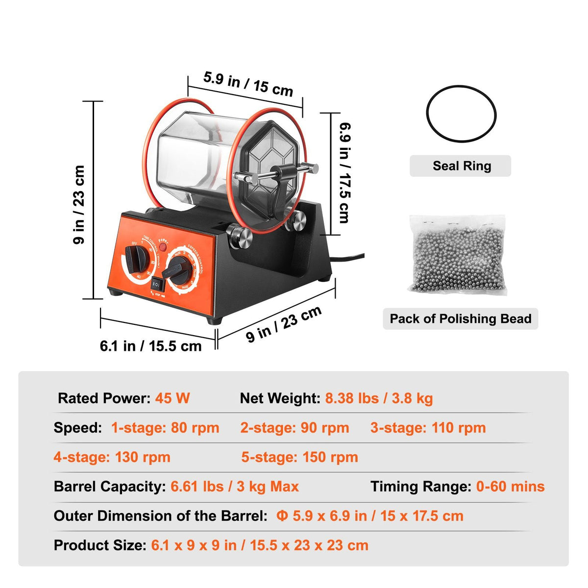 Jewelry Polisher Tumbler, 6.6lbs/3kg Capacity Mini Rotary Tumbler Machine with 0-60 Minutes Timer, 5 Speeds Jewelry Rotary Finisher for Surface Polishing Grinding Buffing Gemstones Jewels Coins