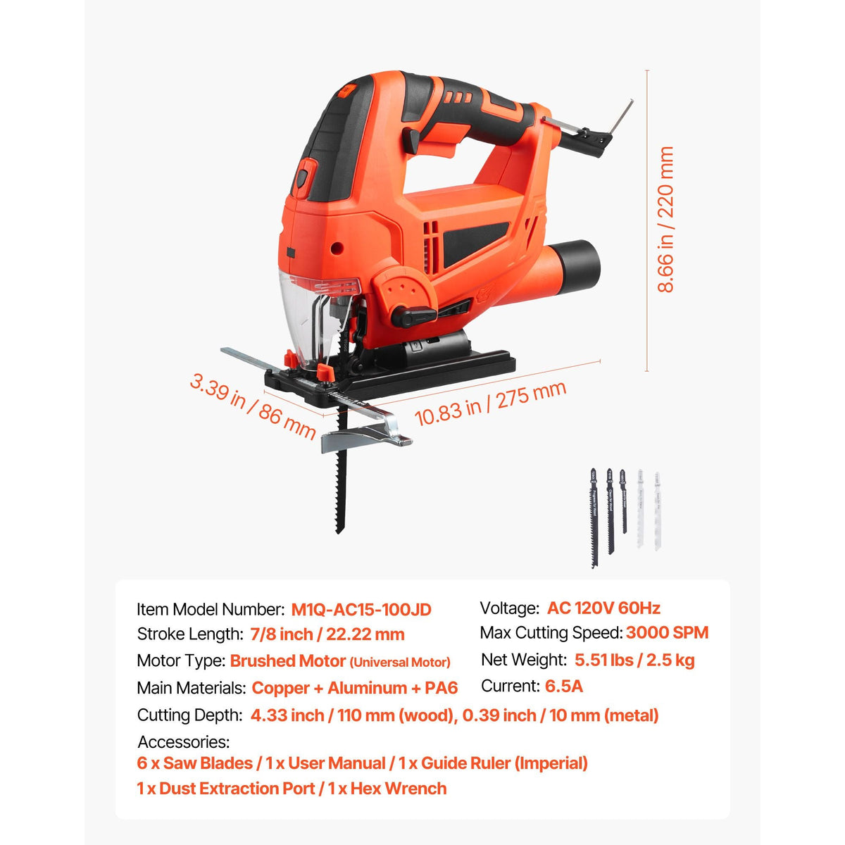 Jig Saw, 6.5 Amp, 3000 SPM Blade Speed, Electric Jigsaw with 6 pcs Blades, LED Light, 6 Variable Speed, 0- 45° Bevel Cuts, 4 Orbital Settings for Straight/Circle Cutting, for Wood and Metal