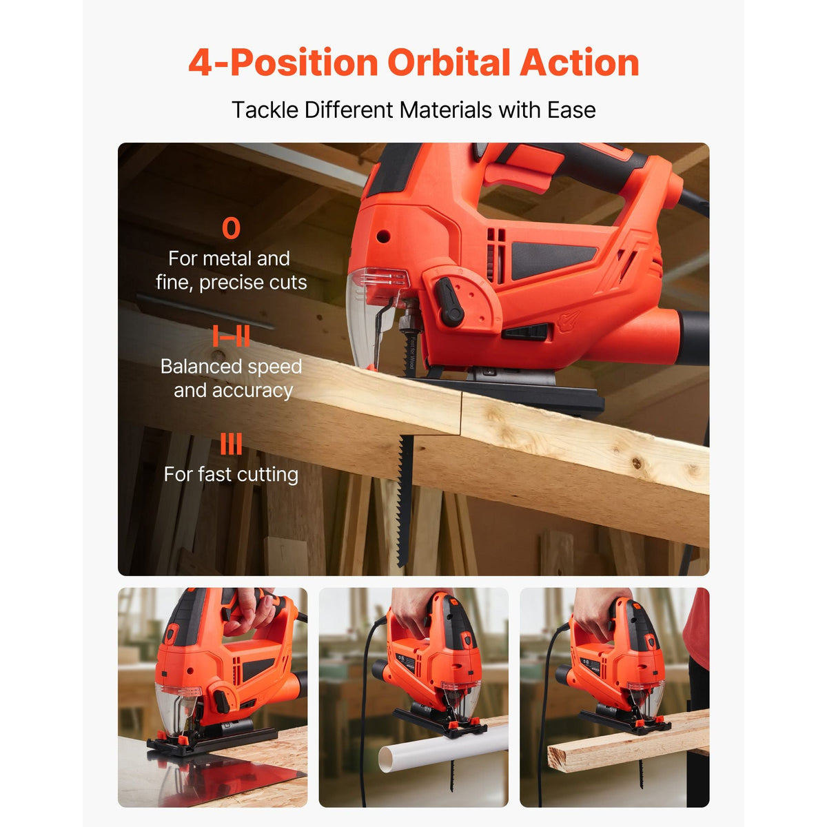 Jig Saw, 6.5 Amp, 3000 SPM Blade Speed, Electric Jigsaw with 6 pcs Blades, LED Light, 6 Variable Speed, 0- 45° Bevel Cuts, 4 Orbital Settings for Straight/Circle Cutting, for Wood and Metal