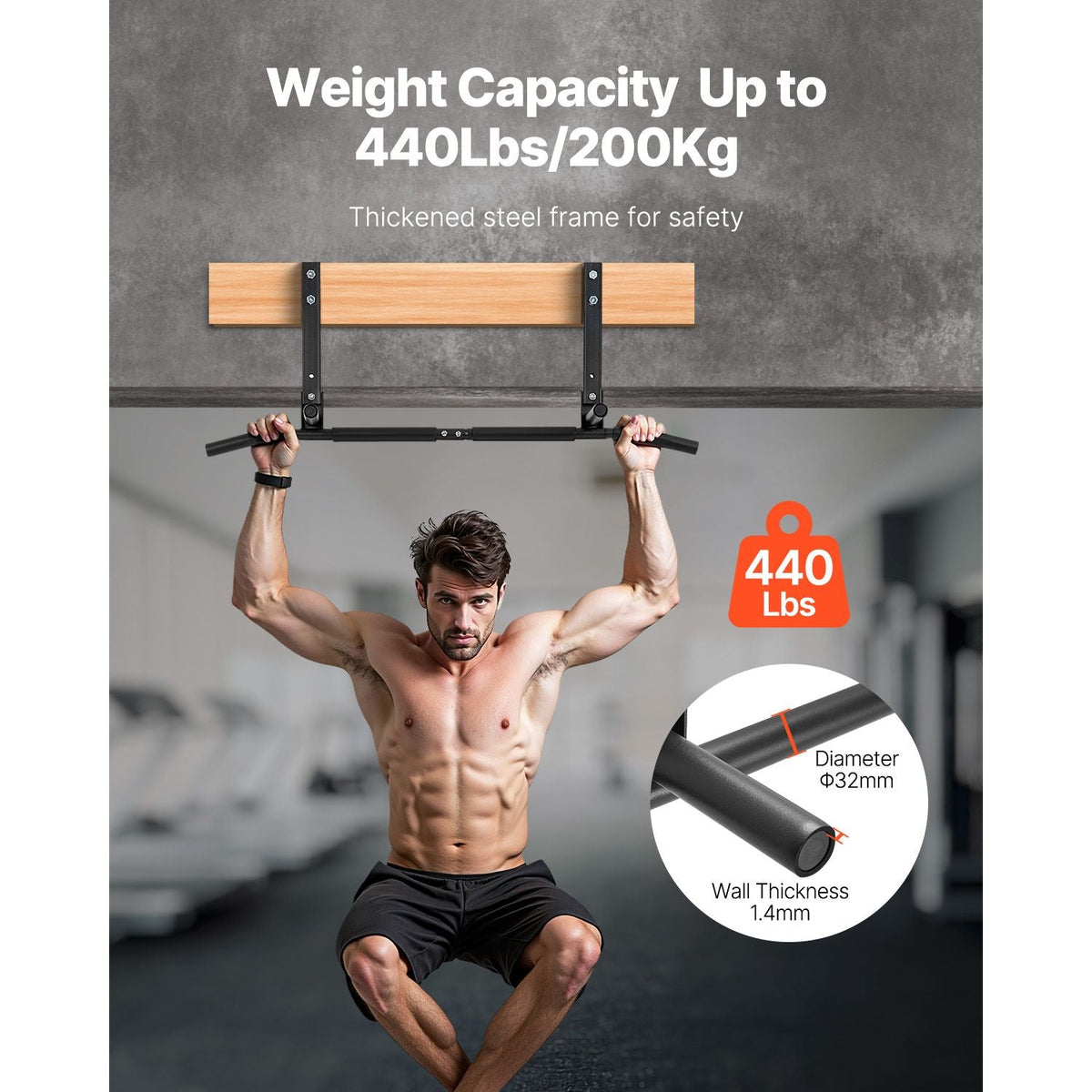 Joist Mount Pull Up Bar, Ceiling Mounted Chin Up Bar for Home Gym, Multi-Grip Pull Ups, 42 in Width Multifunctional Training Station, Heavy Duty Steel Upper Body Workout Bars, 440 lbs Capacity