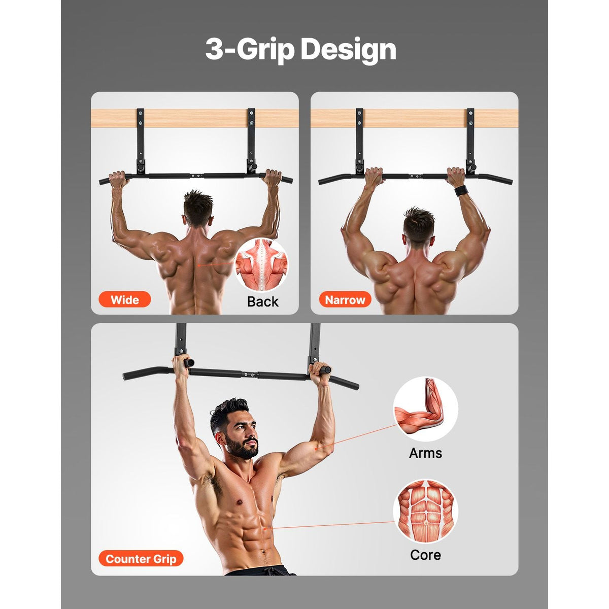 Joist Mount Pull Up Bar, Ceiling Mounted Chin Up Bar for Home Gym, Multi-Grip Pull Ups, 42 in Width Multifunctional Training Station, Heavy Duty Steel Upper Body Workout Bars, 440 lbs Capacity