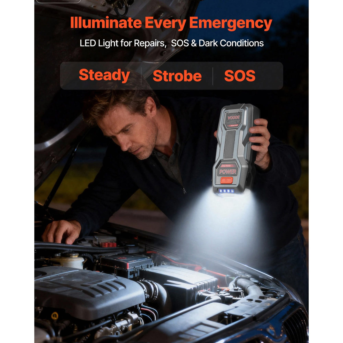Jump Starter, 3000A Peak, Car Jumper Starter Battery Pack, 12V Portable Lithium Battery Booster, Jump Box Power Bank with 3 Modes Flashlight and Jumper Cable, for Up to 9L Gas/7L Diesel Engines