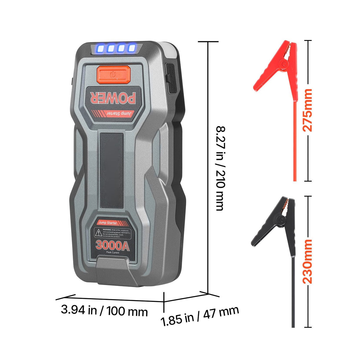 Jump Starter, 3000A Peak, Car Jumper Starter Battery Pack, 12V Portable Lithium Battery Booster, Jump Box Power Bank with 3 Modes Flashlight and Jumper Cable, for Up to 9L Gas/7L Diesel Engines