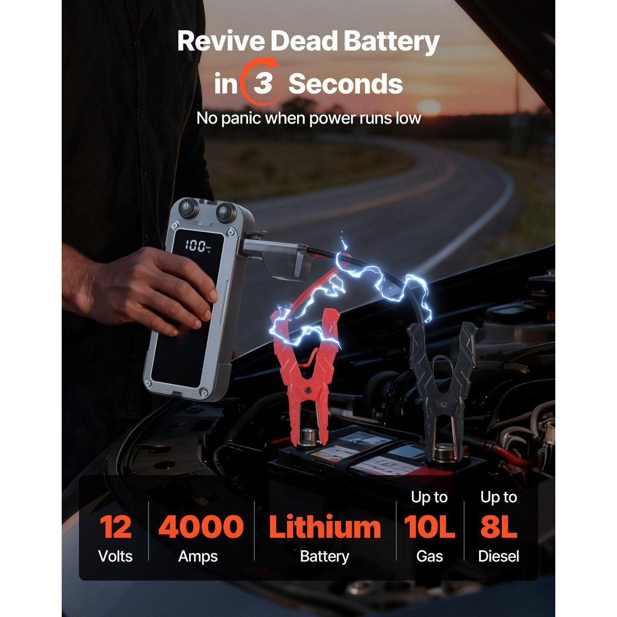 Jump Starter, 4000A Peak, Car Jumper Starter Battery Pack, 12V Portable Lithium Battery Booster, Jump Box Power Bank with 3 Modes Flashlight and Jumper Cable, for 10L Gas and 8L Diesel Engines