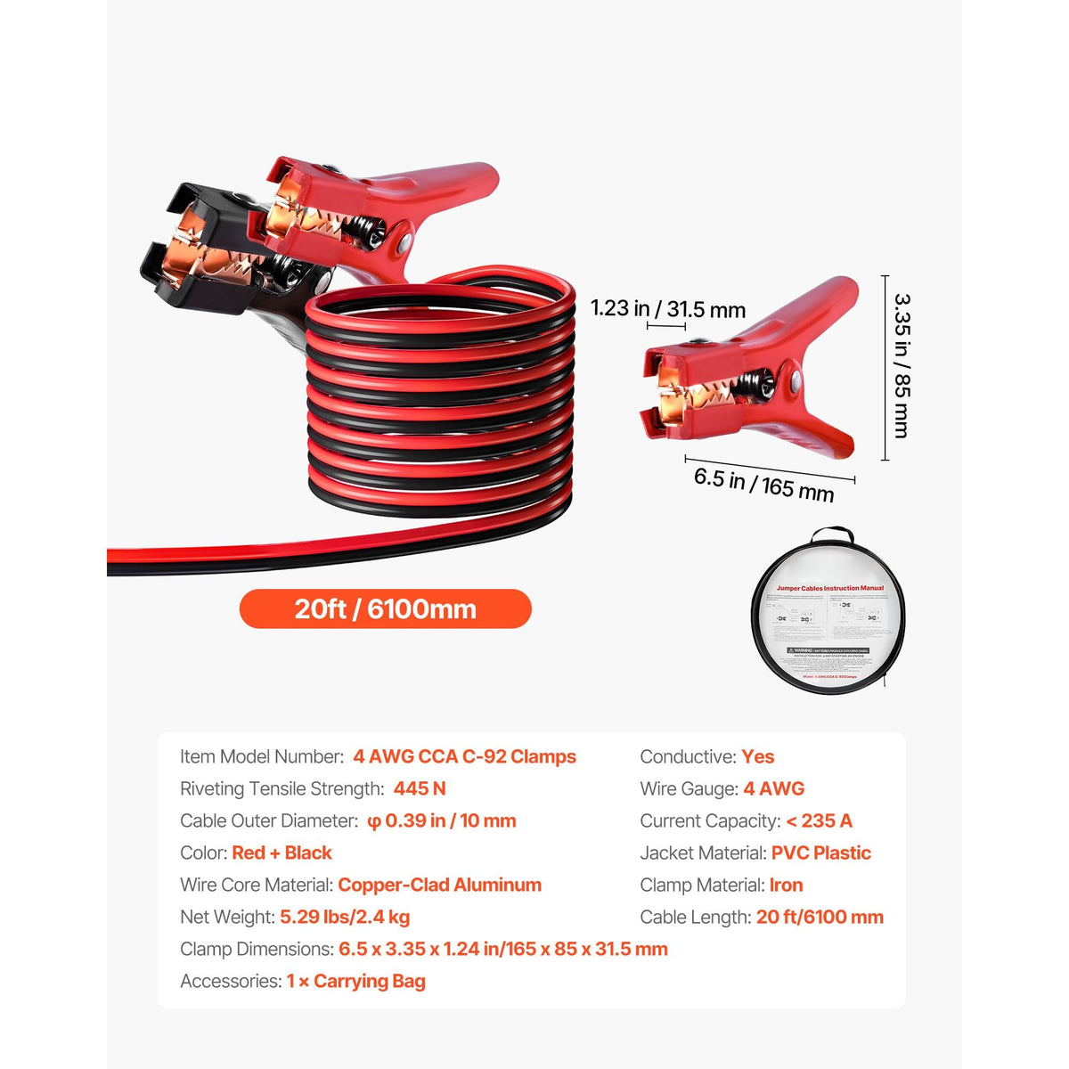 Jumper Cables for Car Battery, 20 Feet, 4 Gauge Heavy Duty Automotive Booster Cables for Jump Starting Dead or Weak Batterie, with Carrying Bag, for Cars, Trucks, SUVs, Emergency Roadside Kit