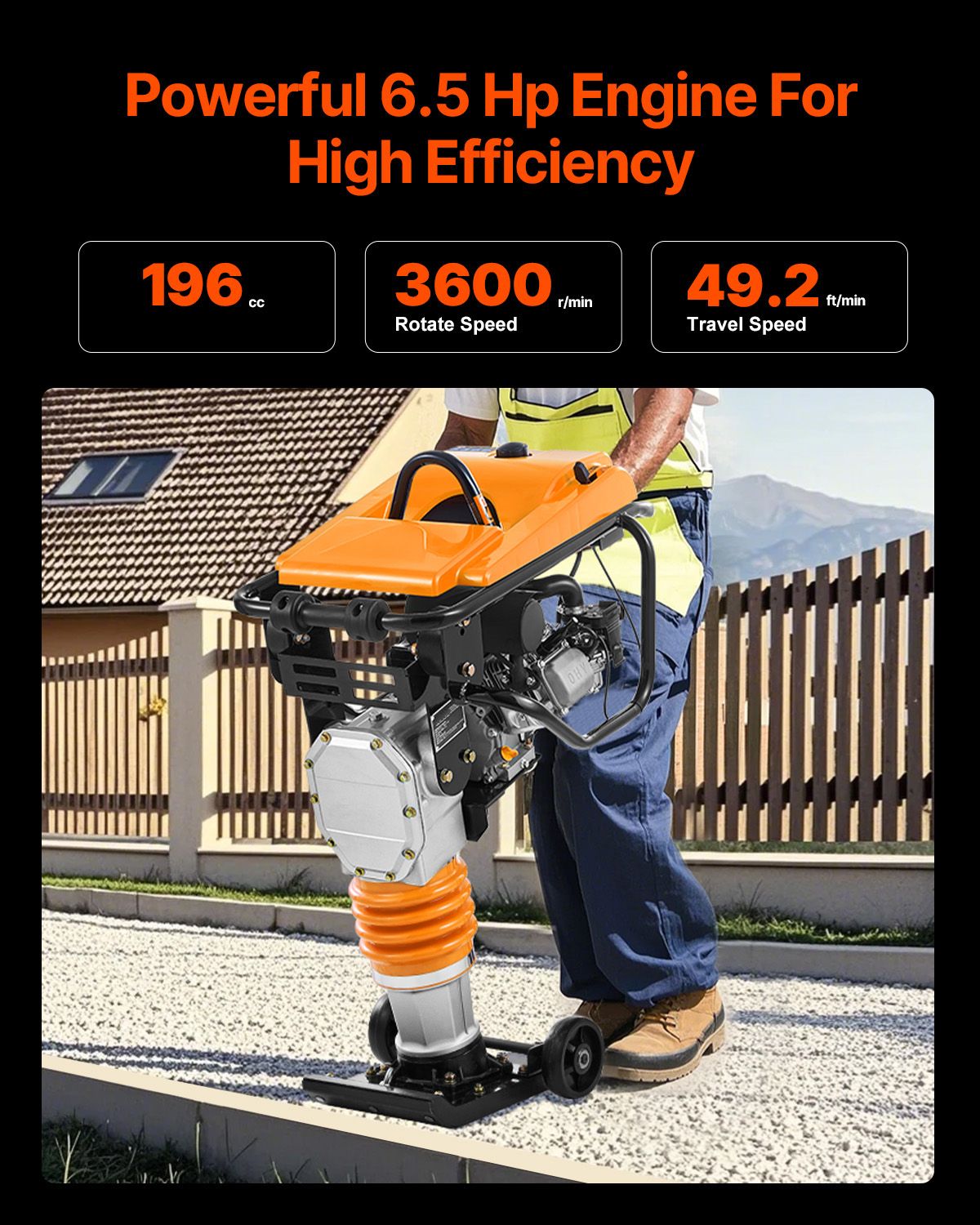 Jumping Jack Compactor, 6.5 HP Vibratory Rammer Fuel-Powered 196 cc Engine Tamper, 3600 lbs Impact Force, 26" Max Compaction Depth, for Soil, Gravel, Footings, Concrete Slabs, and Foundations