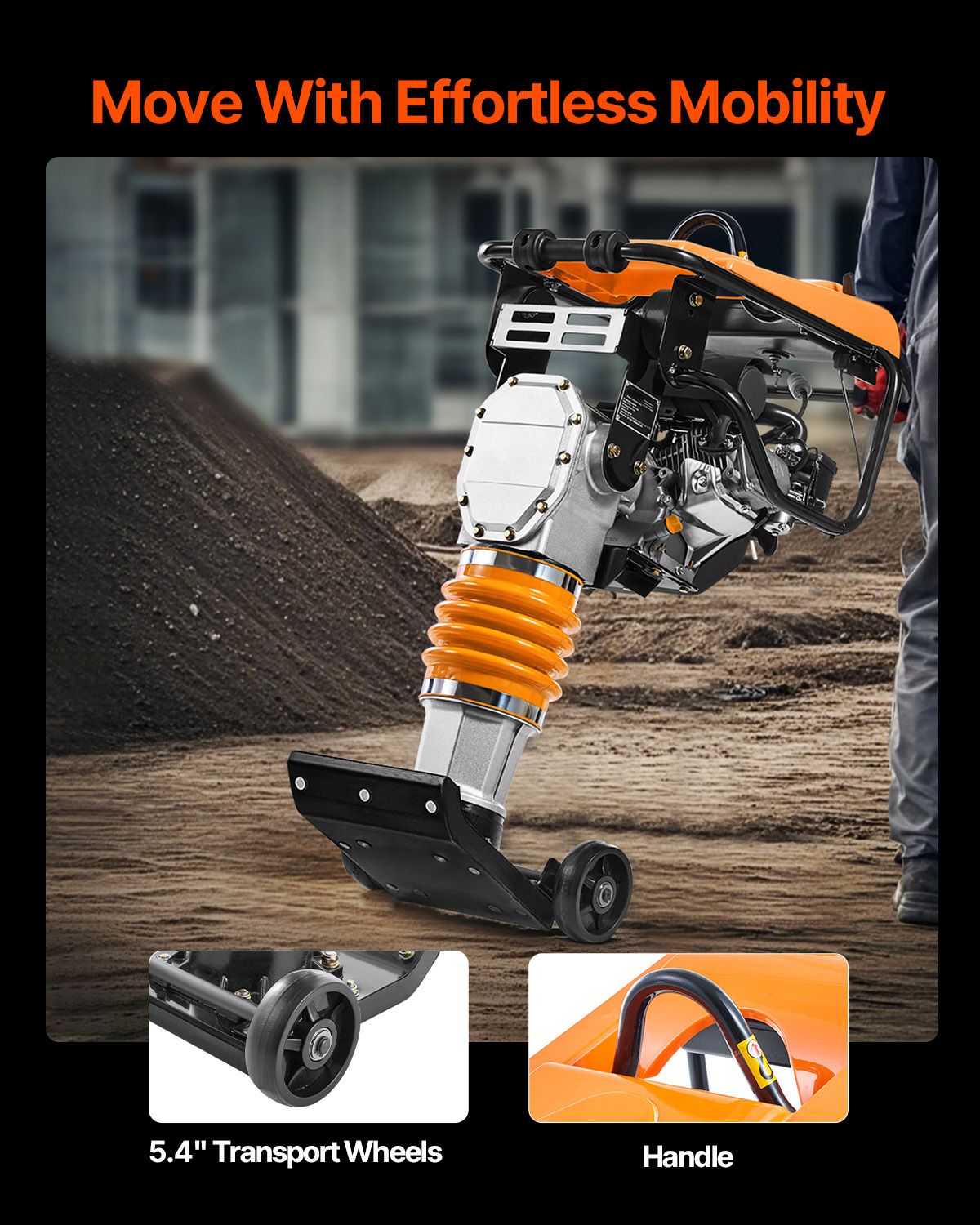 Jumping Jack Compactor, 6.5 HP Vibratory Rammer Fuel-Powered 196 cc Engine Tamper, 3600 lbs Impact Force, 26" Max Compaction Depth, for Soil, Gravel, Footings, Concrete Slabs, and Foundations
