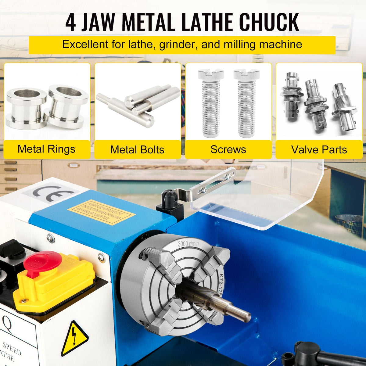 K72-125 Lathe Chuck, 5 Inch, 4-Jaw, Independent Metal Lathe Chuck with Reversible Jaw, Cast Iron Body, 0.276 -2.244 in Internal 1.89 -4.92 in External Jaw Clamping Range, for Lathes Machine