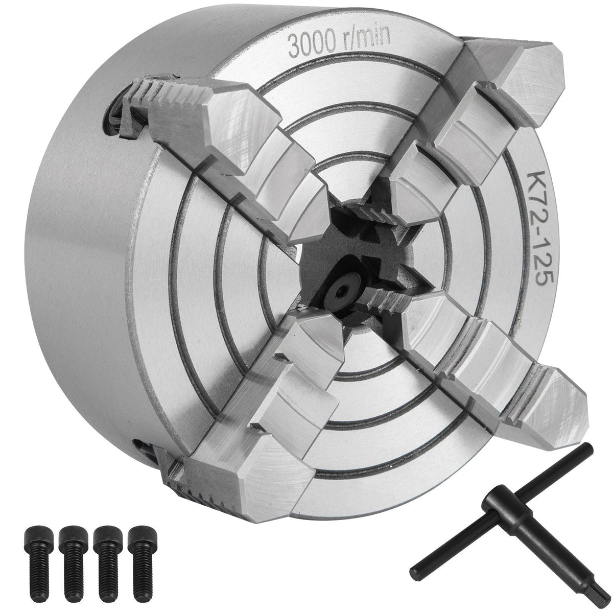 K72-125 Lathe Chuck, 5 Inch, 4-Jaw, Independent Metal Lathe Chuck with Reversible Jaw, Cast Iron Body, 0.276 -2.244 in Internal 1.89 -4.92 in External Jaw Clamping Range, for Lathes Machine