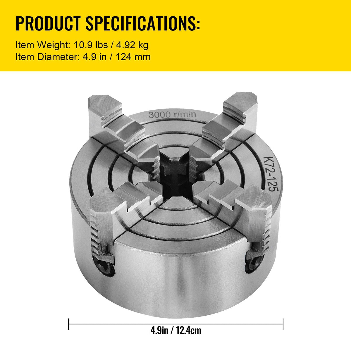 K72-125 Lathe Chuck, 5 Inch, 4-Jaw, Independent Metal Lathe Chuck with Reversible Jaw, Cast Iron Body, 0.276 -2.244 in Internal 1.89 -4.92 in External Jaw Clamping Range, for Lathes Machine