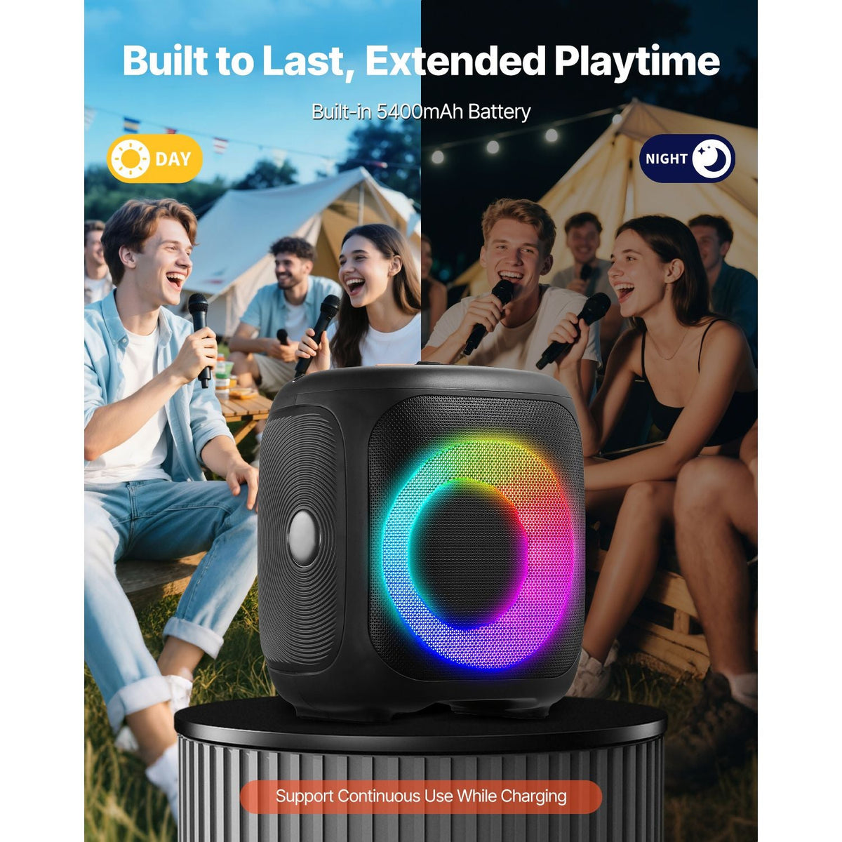 Karaoke Machine for Adults, 15W, 4-inch Portable Bluetooth Speaker with 2 Wireless Microphones, LED Light, TWS Function, Handle, Supports Micro TF Card, USB, AUX, for Home Karaoke Party Singing