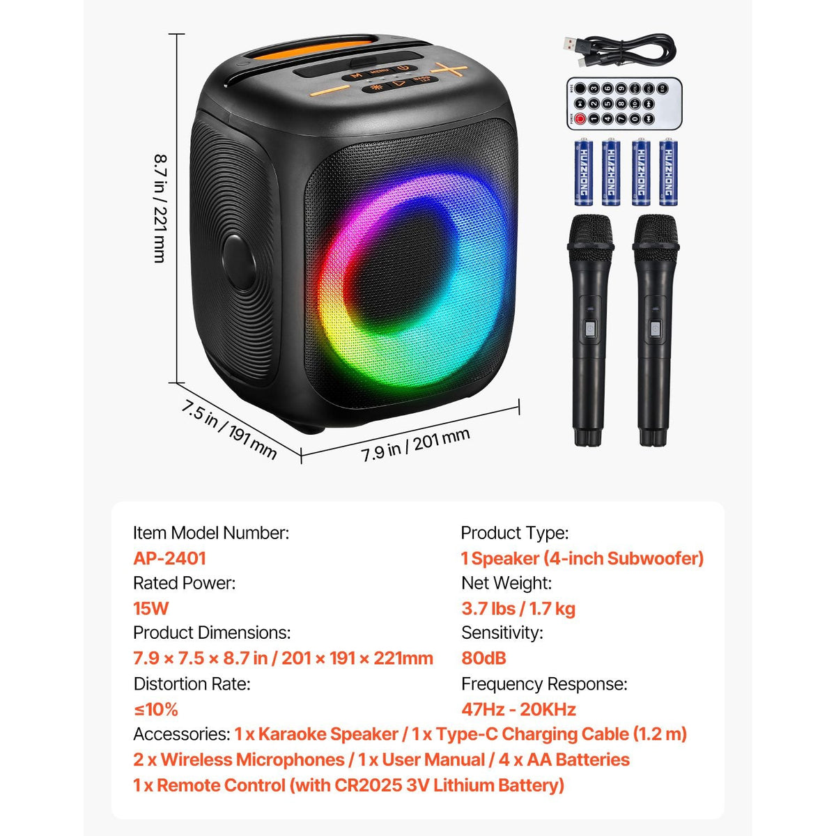 Karaoke Machine for Adults, 15W, 4-inch Portable Bluetooth Speaker with 2 Wireless Microphones, LED Light, TWS Function, Handle, Supports Micro TF Card, USB, AUX, for Home Karaoke Party Singing