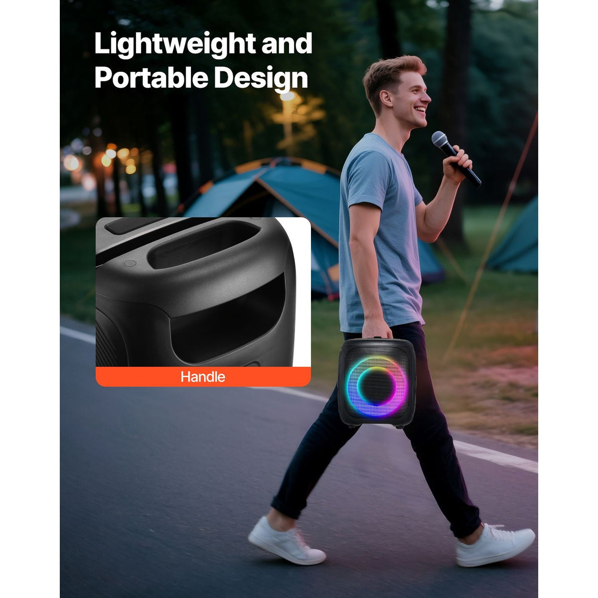 Karaoke Machine for Adults, 15W, 4-inch Portable Bluetooth Speaker with 2 Wireless Microphones, LED Light, TWS Function, Handle, Supports Micro TF Card, USB, AUX, for Home Karaoke Party Singing