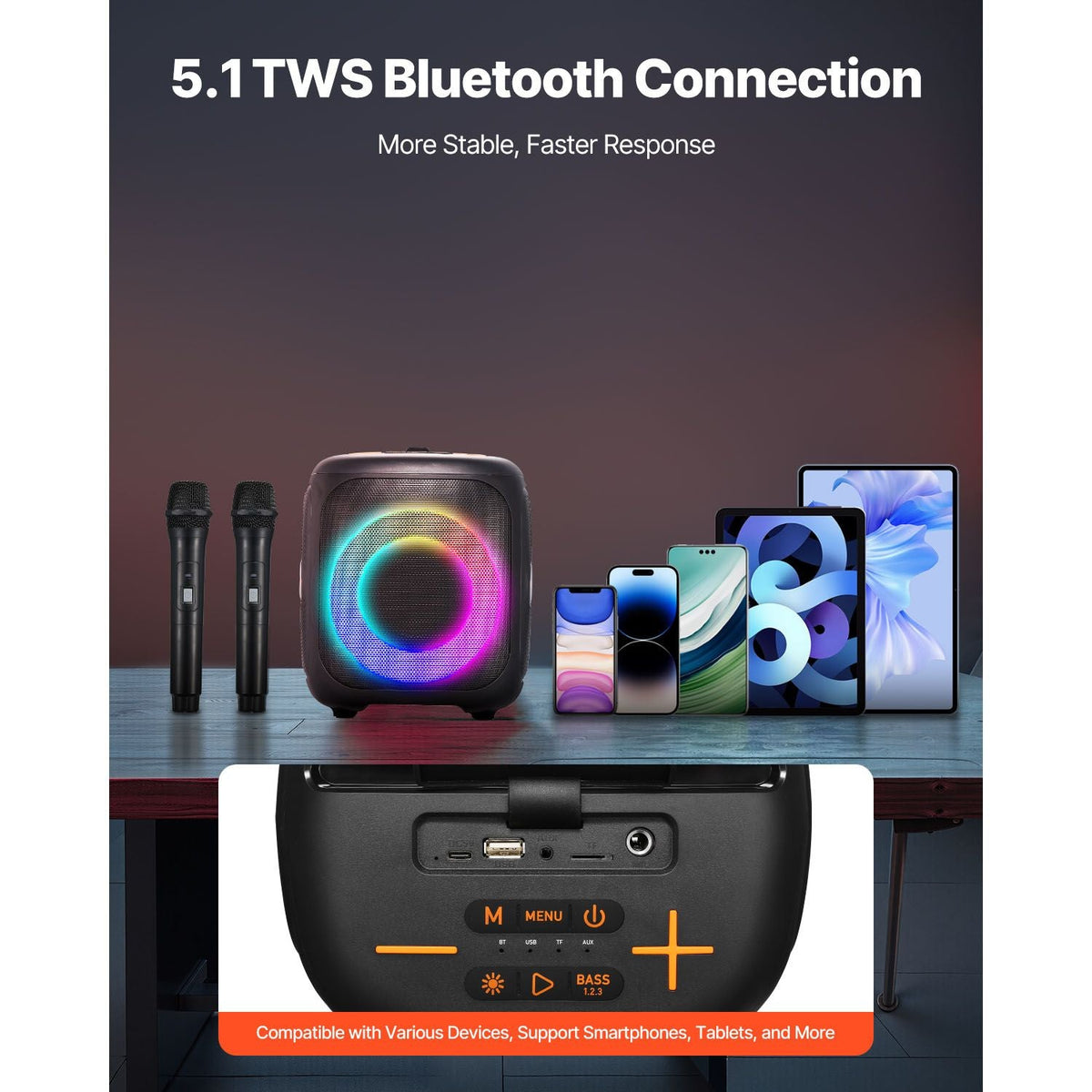 Karaoke Machine for Adults, 15W, 4-inch Portable Bluetooth Speaker with 2 Wireless Microphones, LED Light, TWS Function, Handle, Supports Micro TF Card, USB, AUX, for Home Karaoke Party Singing