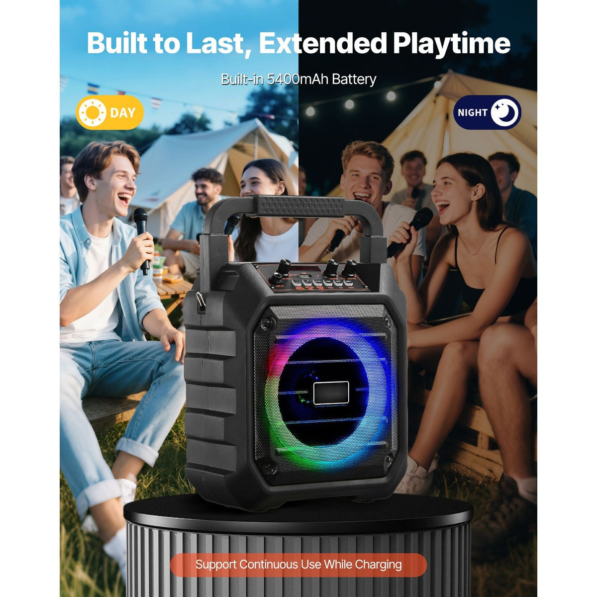 Karaoke Machine for Adults, 20W, 6.5-inch Portable Bluetooth Speaker with 2 Wireless Microphones, LED Light, TWS Function, Handle, Shoulder Strap, Support Micro TF Card, USB, AUX, for Home Party