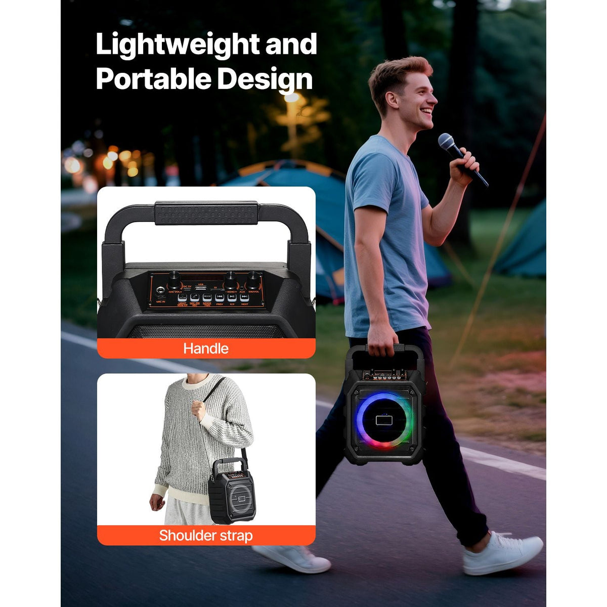 Karaoke Machine for Adults, 20W, 6.5-inch Portable Bluetooth Speaker with 2 Wireless Microphones, LED Light, TWS Function, Handle, Shoulder Strap, Support Micro TF Card, USB, AUX, for Home Party