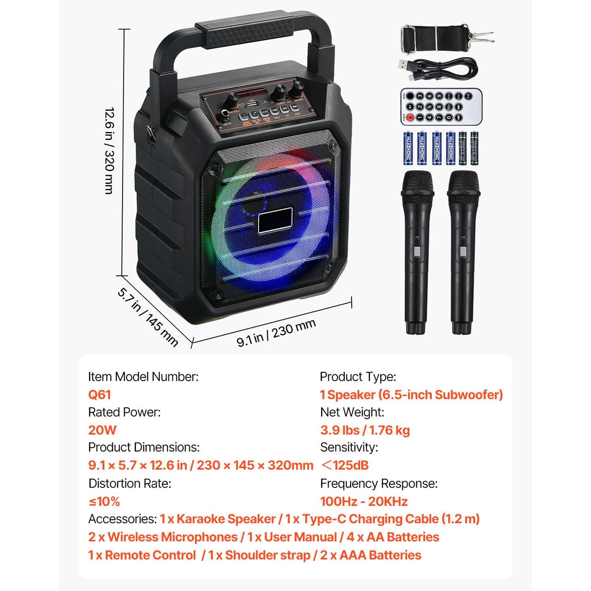 Karaoke Machine for Adults, 20W, 6.5-inch Portable Bluetooth Speaker with 2 Wireless Microphones, LED Light, TWS Function, Handle, Shoulder Strap, Support Micro TF Card, USB, AUX, for Home Party