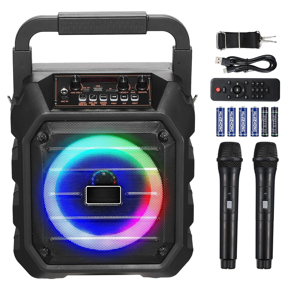Karaoke Machine for Adults, 20W, 6.5-inch Portable Bluetooth Speaker with 2 Wireless Microphones, LED Light, TWS Function, Handle, Shoulder Strap, Support Micro TF Card, USB, AUX, for Home Party